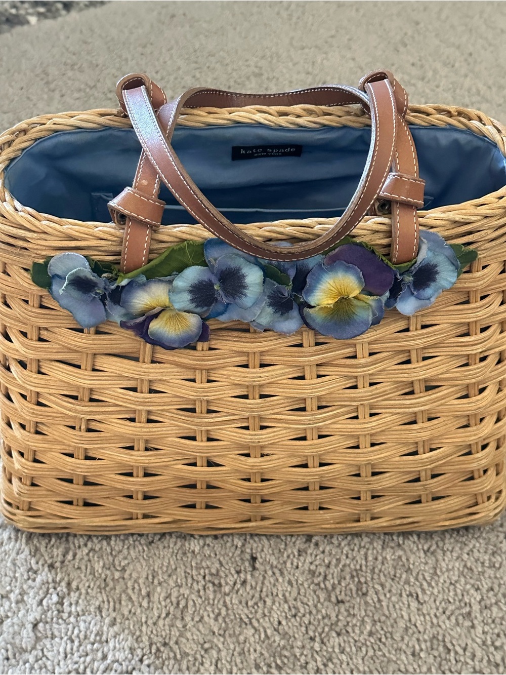 Authentic Kate Spade Tan Wicker Tote with Blue Floral Trim